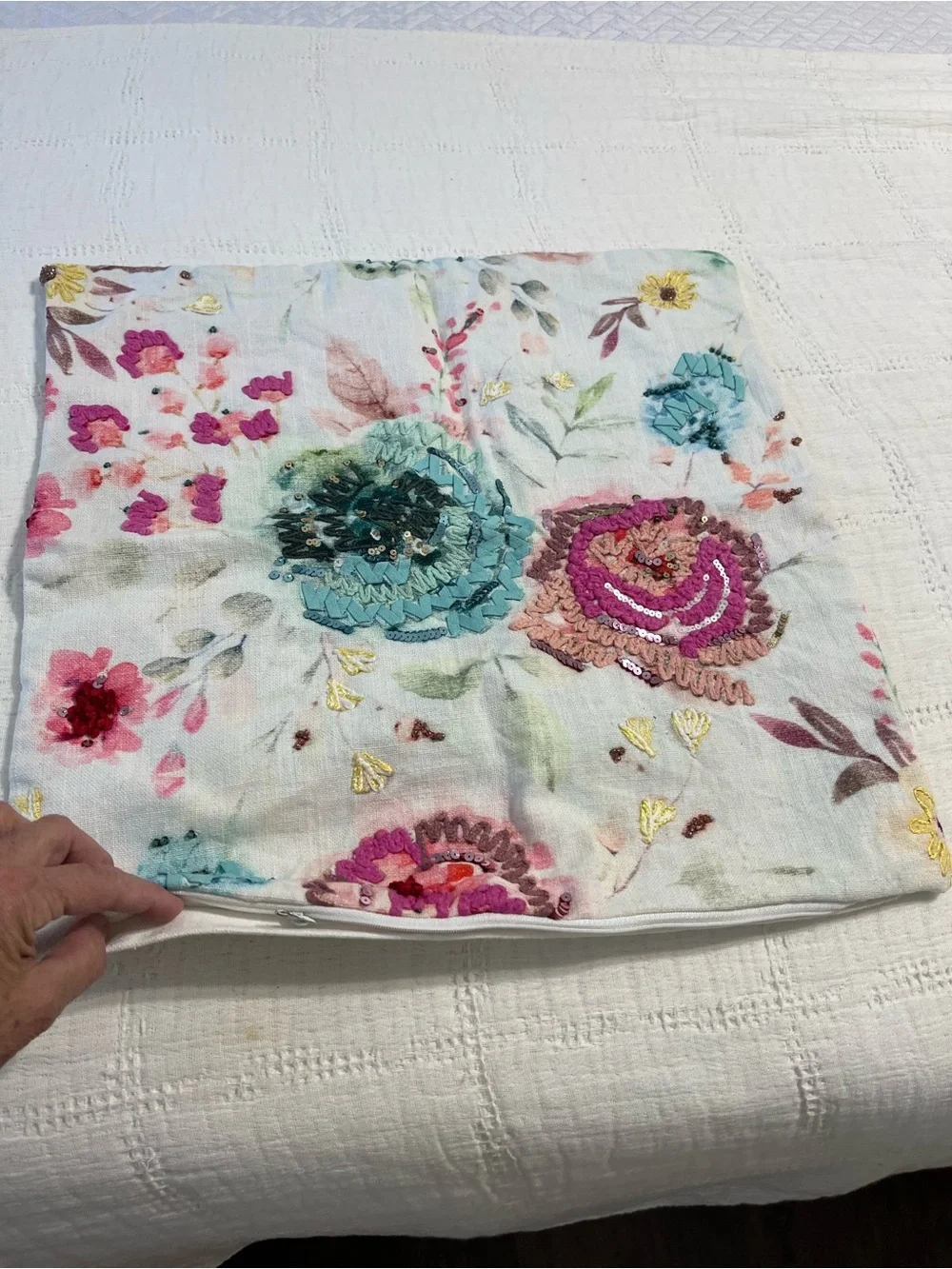 Elie Tahari Floral Appliqué Accent Pillow Cover in Teal, Pink & Cream